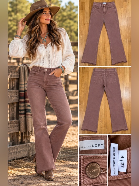 LOFT Denim - LOFT High Waist Flare Crop Jeans Size 4/27 Brown Raw Frayed Hem
